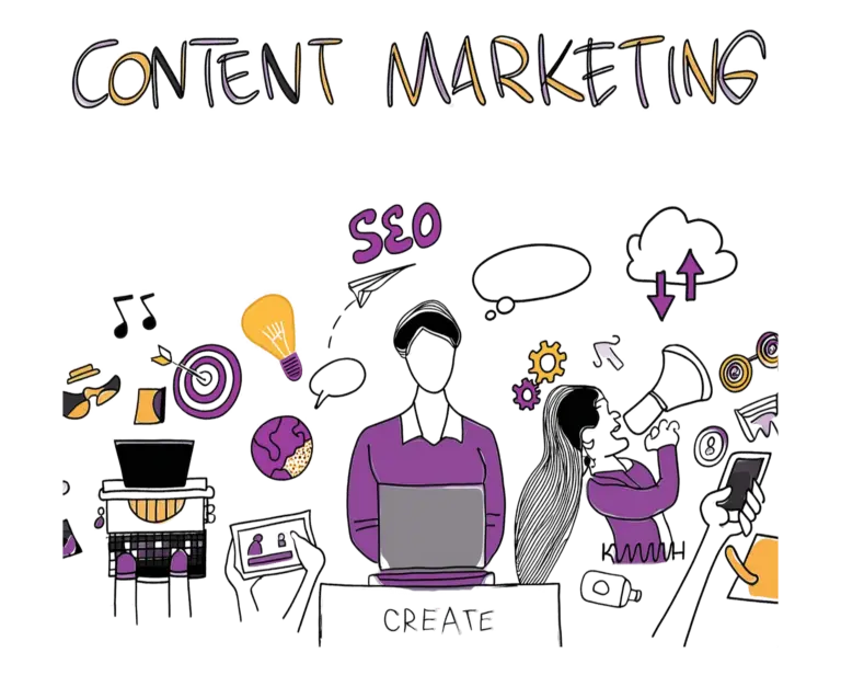 Illustration of a professional working on marketing strategies, surrounded by elements like content creation, digital presence, and brand strategy, representing Public Phase’s comprehensive personal branding services.